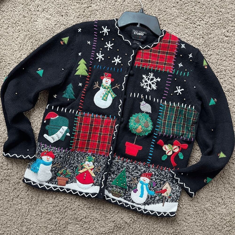 VTG Studio Joy Hand-Embellished Winter Snowman Cardigan Med